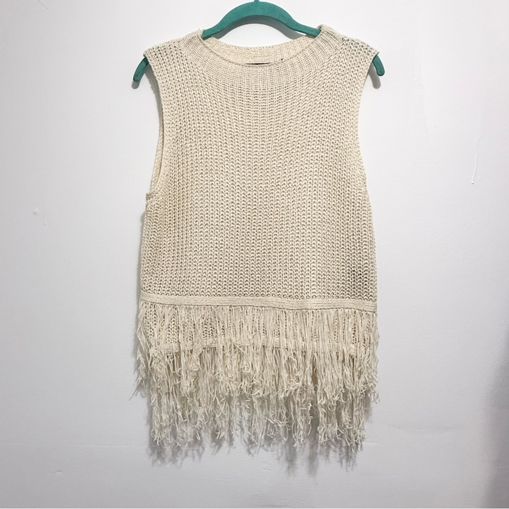 Ark & Co Fringe Hem Knit Sleeveless Top Cream Size Small - Picture 2 of 7